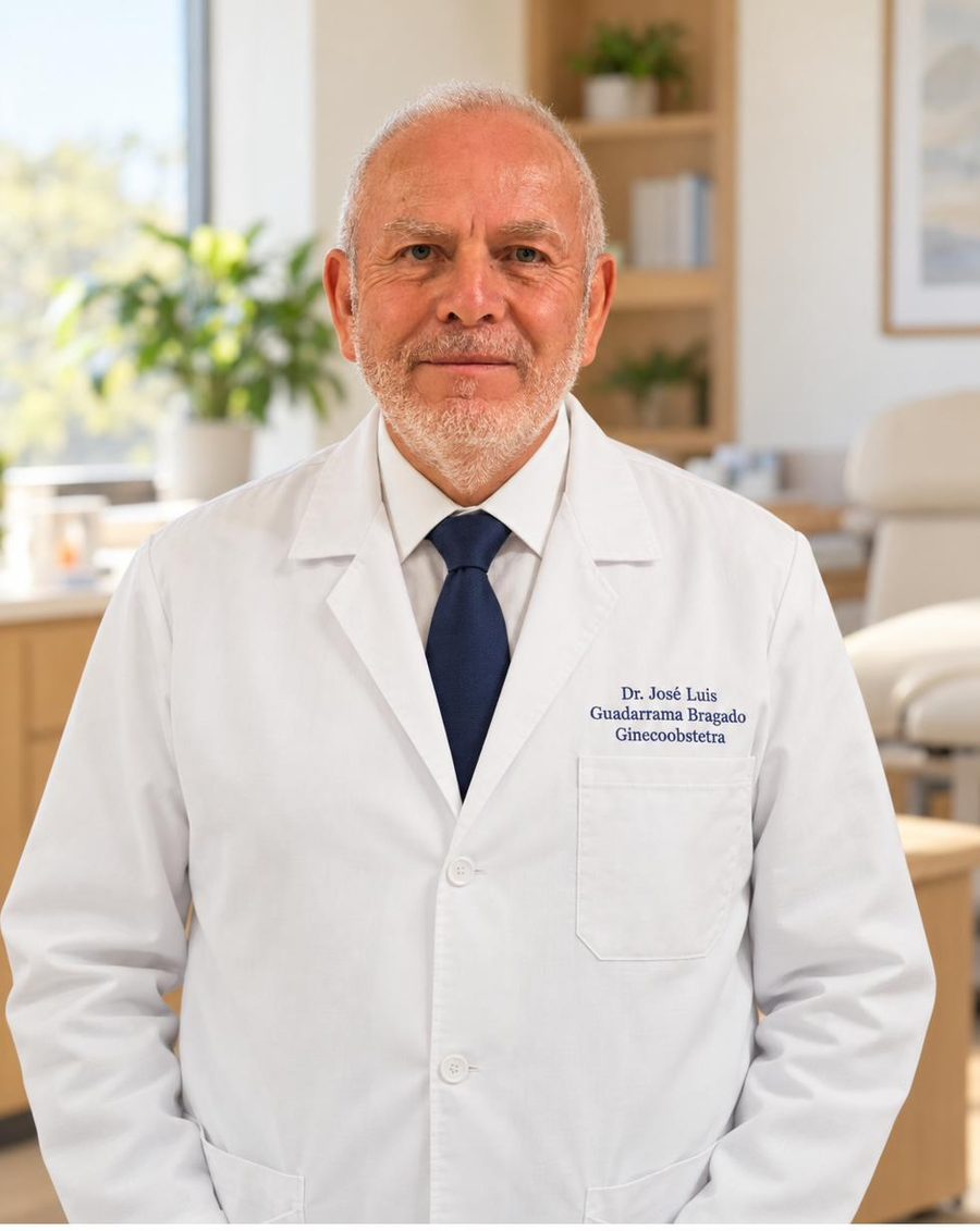 Retrato del Dr. José Luis Guadarrama Bragado con bata médica en su consultorio
